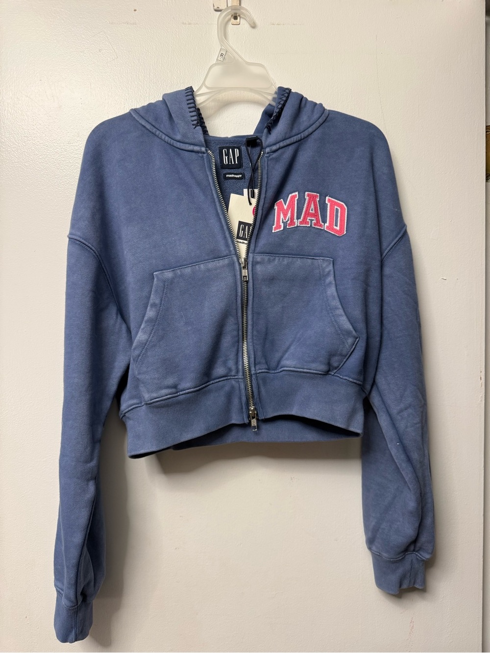 Madhappy Blue Cropped Zip Hoodie with Pink 'MAD' Patch